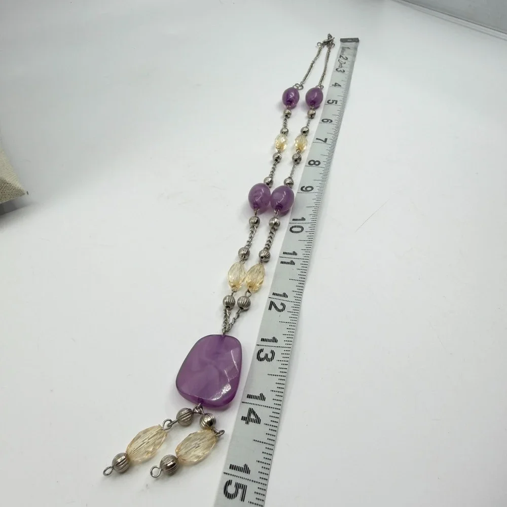 Necklace Vintage Y Drop Purple Yellow Beads Silver Tone Boho Statement Pendant